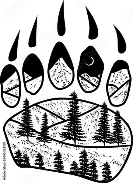 Fototapeta vector silhouette design illustration of a scene in the footprints of a bear