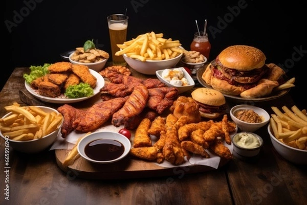 Fototapeta Assorted fast food including chicken wings, hamburger, french fries, nuggets, sauces and beer on a wooden table, large table of assorted take out food such as pizza, AI Generated