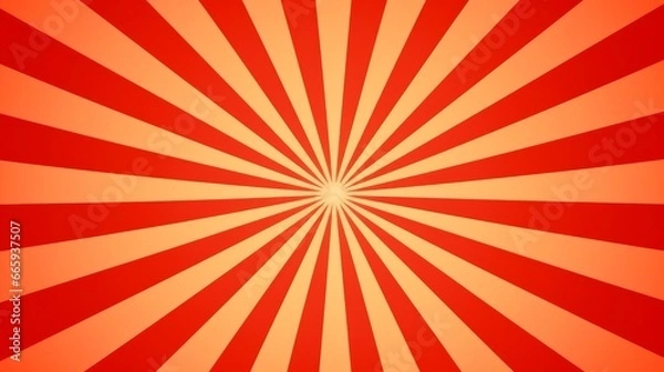 Fototapeta The image depicts a retro-style background with rays or stripes emanating from the center, creating a sunburst effect. The color scheme features various shades of red, giving it a classic