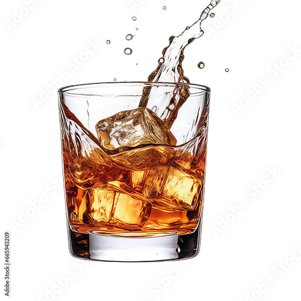 Obraz Whiskey with ice cubes in a glass without a background