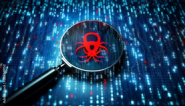 Fototapeta A magnifying glass exposing a bug or virus. Cybersecurity concept. Virus detection. Fixing bugs. Cyber risk.