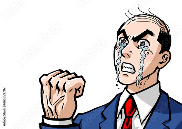 Fototapeta 涙を流しガッツポーズするビジネスマンの劇画漫画風イラスト