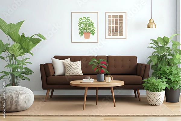 Fototapeta Mock up poster frame, brown sofa, plants, wooden coffee table, lamp, ball, stylish rug, plaid, pillows and personal accessories. Home decor. Template. 3d rendering
