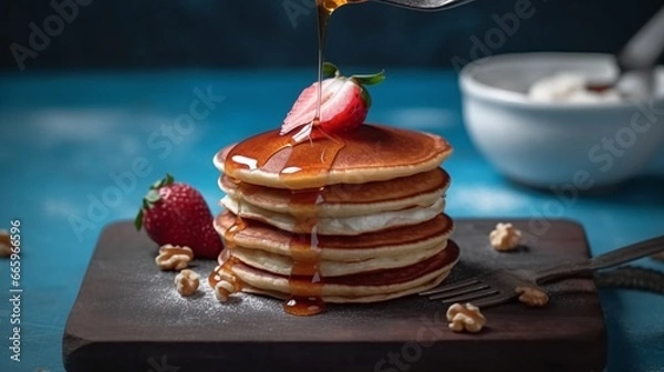 Obraz Pancake stack with a strawberry on it
