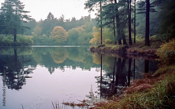 Fototapeta Acrylic painting of a landscape with a calm forest lake, in the water of which trees are reflected.