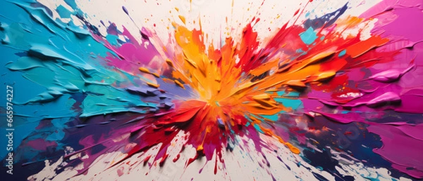 Fototapeta Closeup of abstract rough colorful bold rainbow colors explosion painting texture, with oil brushstroke