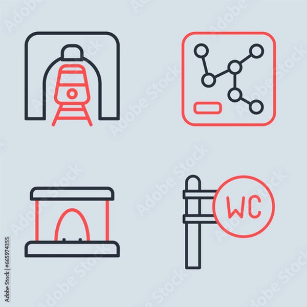 Obraz Set line Railway map, tunnel, Toilet and Train in railway icon. Vector