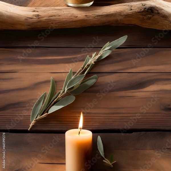 Fototapeta Raw sage delicately placed on a weathered wooden table, surrounded by wispy smoke and the soft glow of a candle. Generative AI.	