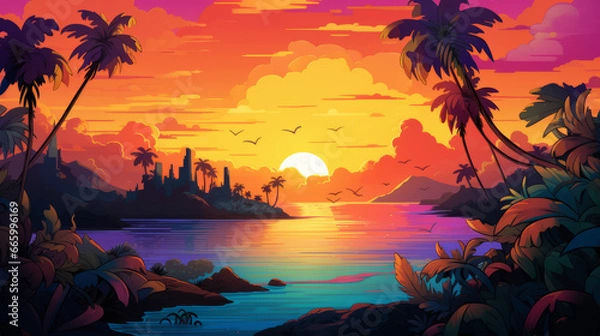 Fototapeta A synthwave colorful sun over the sea background