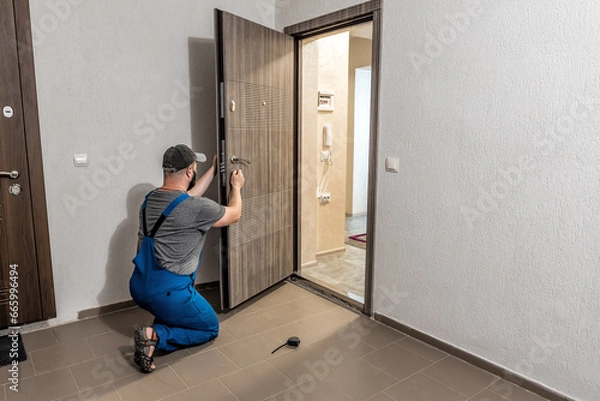 Obraz Professional locksmith repairing installing home entrance door lock