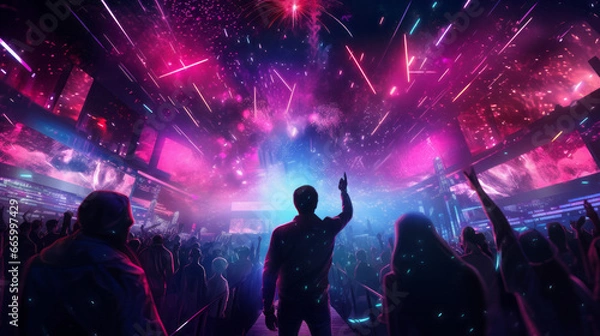 Fototapeta Crowd of dancing people at new year with firework