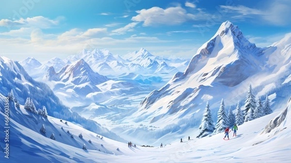 Fototapeta Picturesque Ski Resort with Skiers and Snowboarders, Generative AI