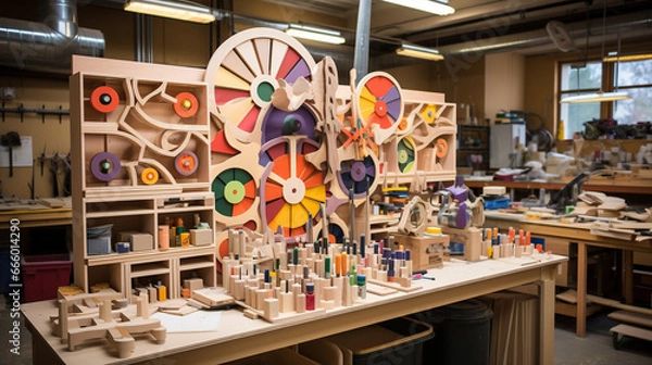 Fototapeta Vibrant woodworking projects in various stages of assembly, showcasing the diversity of creations in the workshop