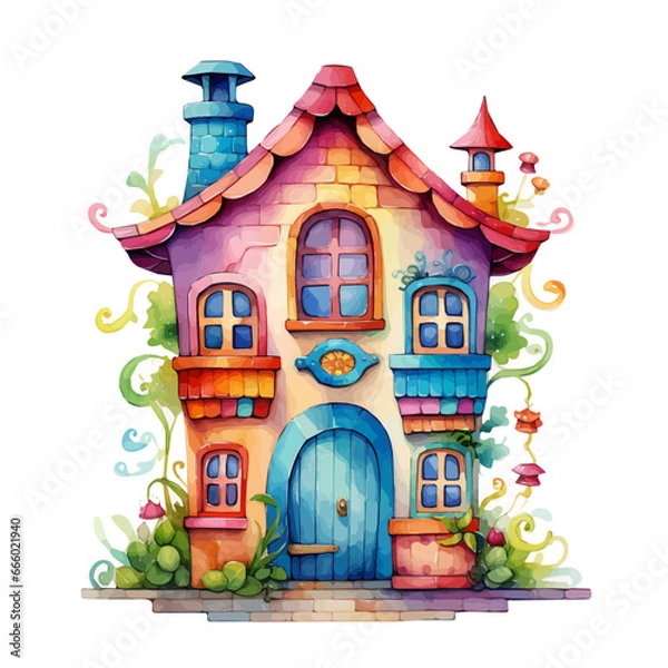 Obraz 水彩風のカラフルな森のお家イラスト