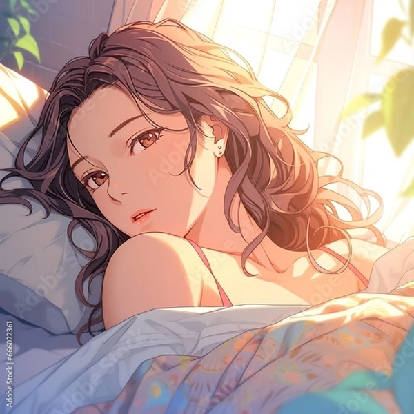 Fototapeta ベッドからこちらを見る寝起きの女の子 | Generative AI
