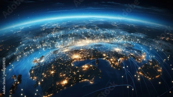 Fototapeta Above a rotating globe, satellites beam interconnected signals, representing the expansive reach of satellite internet