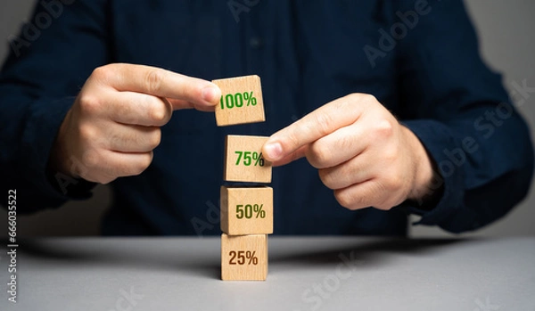 Obraz Complete 100 percent of the work. Evaluation of the quality of services and satisfaction. Make an assessment. Reach the highest level. Completion of the mission task. Max rate. Maximum efficiency.