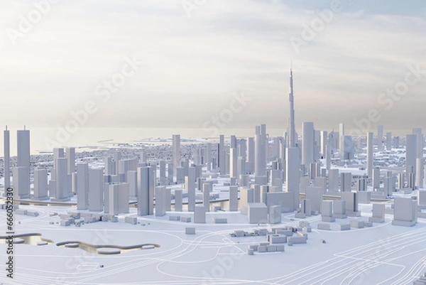 Obraz Aerial view of Dubai downtown. Low poly miniature city with white skyscrapers and dramatic lighting. Concept of megacity and modern architecture. 