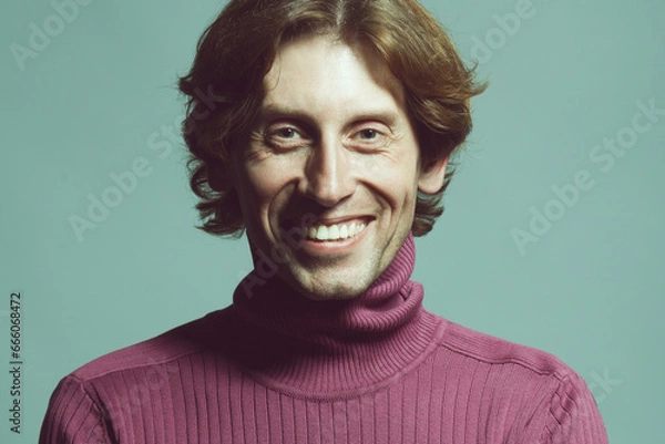 Obraz Male beauty concept. Emotional portrait of laughing handsome man in violet knitted polo neck posing over light blue background. Glossy long hair, shiny perfect smile. Studio shot