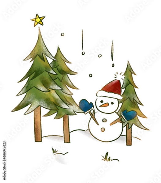 Obraz 光が射すクリスマスツリーと雪だるま