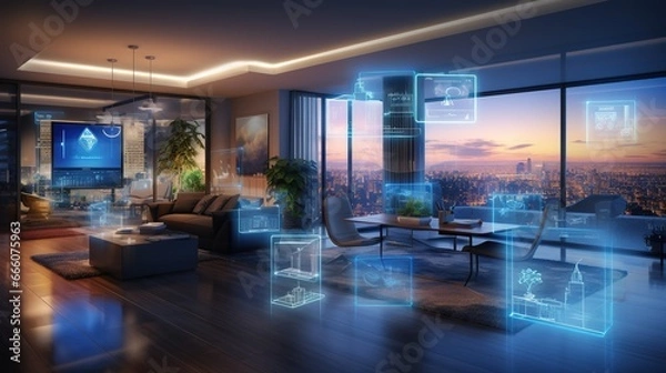 Fototapeta Luxury, modern apartment with smarhub, home technology with advanced technics and electronics, housing concept