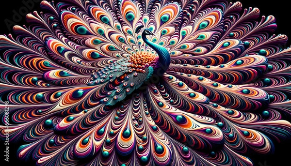Obraz Hypnotic Digital Art of a Vibrant Peacock Displaying Its Mesmerizing Feathers in a Kaleidoscope of Colors