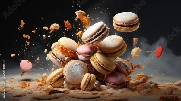 Fototapeta  a pile of macaroons falling into the air with a black background.  generative ai
