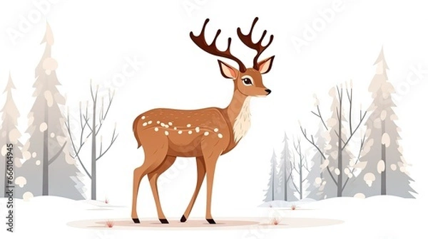 Obraz  a deer standing in the snow with trees in the background.  generative ai