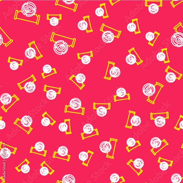 Fototapeta Line Two-handed saw and log icon isolated seamless pattern on red background. Vector