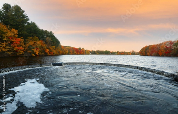 Obraz Beautiful New England Fall Foliage of Sudbury Reservoir at sunrise , Boston Massachusetts. Sudbury Reservoir is an emergency backup Boston metropolitan water reservoir in Massachusetts.