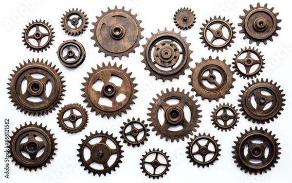 Fototapeta Cogwheels and gears are isolated on white background. Yellow Machine gear,