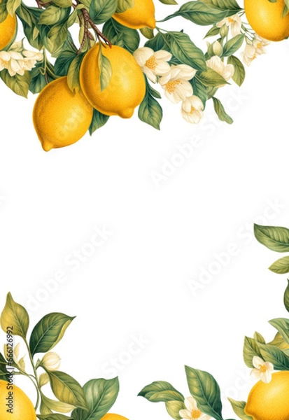 Fototapeta Botanical illustration, branch with lemons and flowers in retro style frame, PNG.Frame of lemons.