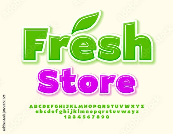 Fototapeta Vector eco flyer Fresh Store. Bright Artistic 3D Font. Green Alphabet Letters and Numbers set