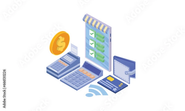 Fototapeta Mobile payment concept with letters.on white background.3D design.isometric vector design Illustration.