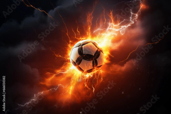 Obraz A soccer ball surrounded by intense lightning and fiery energy, symbolizing an epic football match