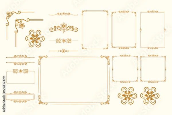 Obraz Set Of Golden Vintage ornament with border, frame, crown, mandala and luxury elements, suitable for vintage design or wedding invitation card