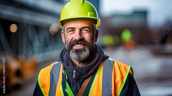 Fototapeta Portrait of a satisfied construction site manager in a safety vest and yellow helmet at a construction site