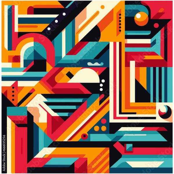 Fototapeta Bauhaus style art Vector Pattern. Simple Composition With Geometric shapes combination neo geo post. Colorful neo geometric Social media poster. Modern abstract promotional flyer background vector ill