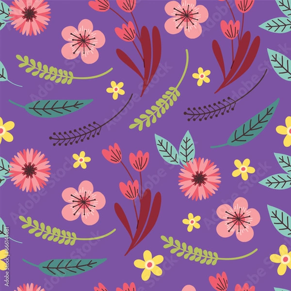 Fototapeta Seamless pattern of colorful flower, green leaves purple background, Vintage floral background, Pattern for design wallpaper, gift wrap paper and fashion prints.