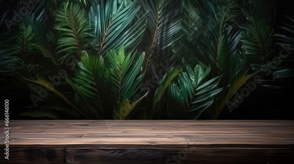 Fototapeta Long wooden table against a background of dark green tropical leaves. Template for advertising, design of your product, presentation of cosmetics, mockup. Tropical jungle background