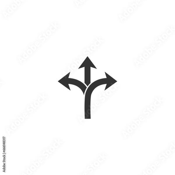 Obraz Three way direction arrow in flat style. Vector illustration. Road direction icon isolated