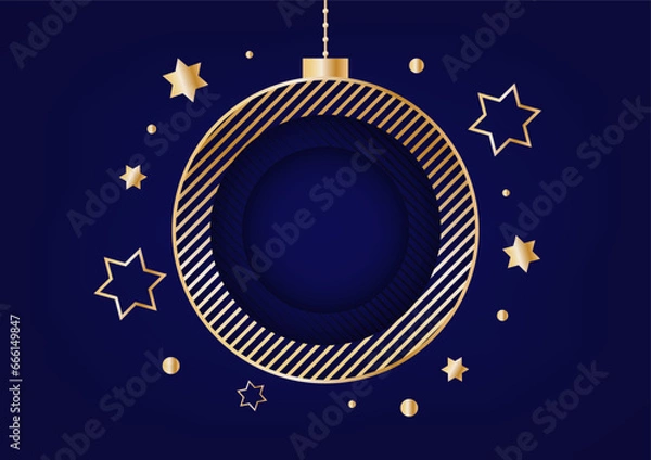 Fototapeta Gold christmas ball with star on blue background, Abstract festival circle frame graphic vector