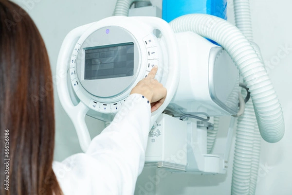 Fototapeta Operating room with Mammography X-Ray System Machine in hospital. Laboratory, medical and health care concept.