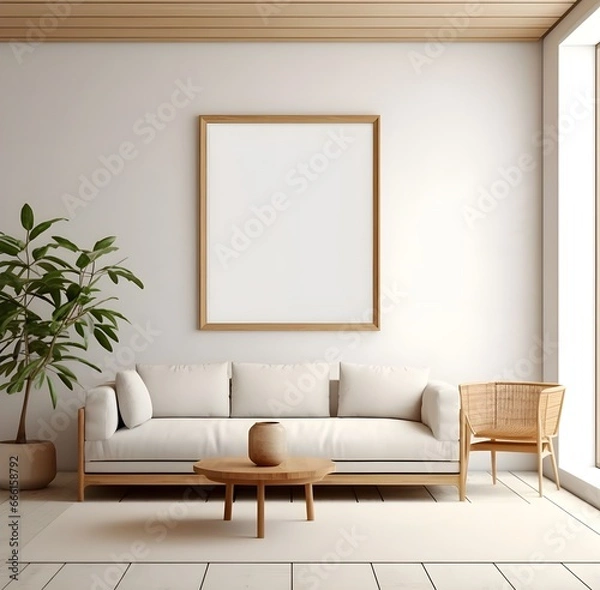 Fototapeta Modern Living Room Design: Scandinavian Interior with Blank Poster Frame and Stylish Furniture