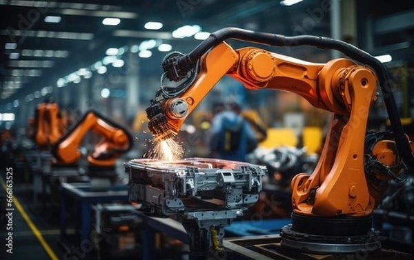 Fototapeta robot arm assembly machine factory workshop sparks photo manufacturing automated production