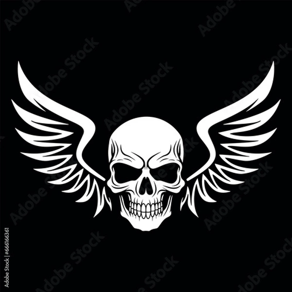 Fototapeta Vector illustration of the wings of a gloomy skull. logo on black background
