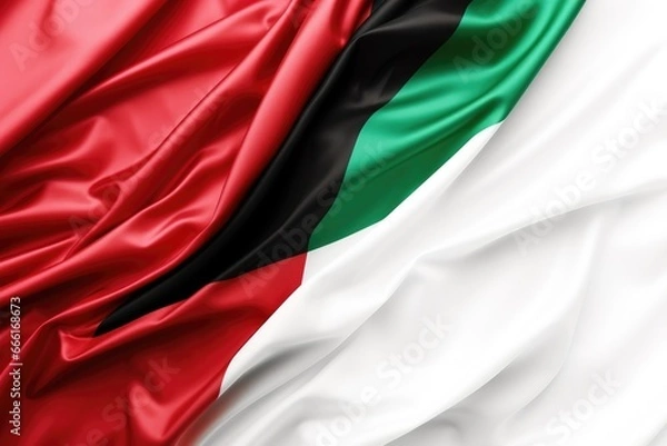 Fototapeta Waving flag of Kuwaiti. Official state symbol of Kuwait, Fabric texture flag of palestine on white background, AI Generated