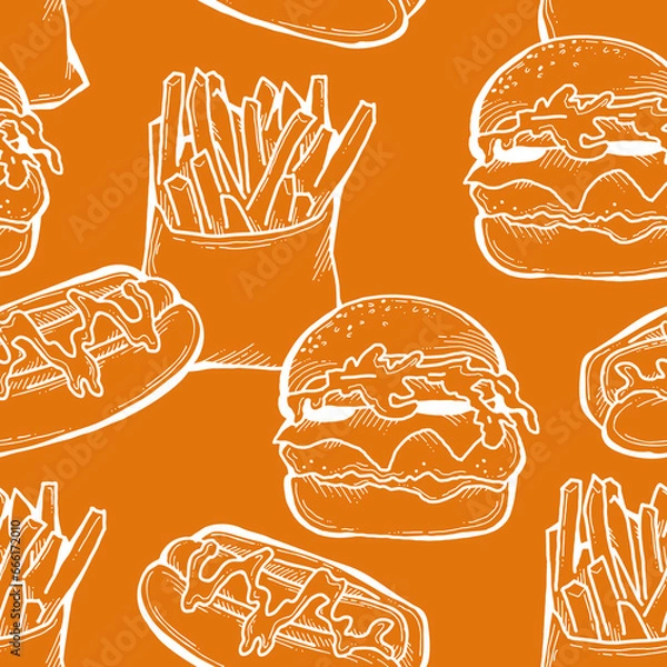 Fototapeta Fast food seamless vector pattern with hamburger, french fries, hot dog. Decorative design for wrapping paper, fabric print, digital background. Hand drawn doodle style cartoon illustration.