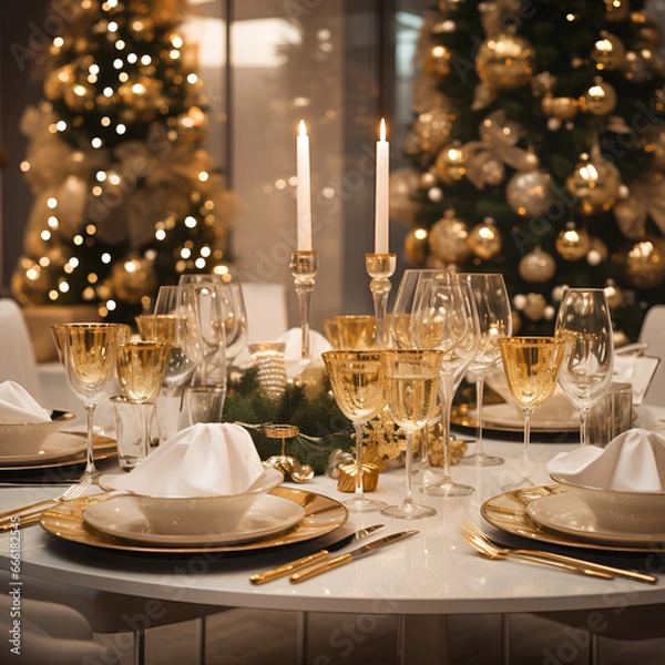 Fototapeta Elegantly Extravagant Christmas Dining: Ethereal Trees, Vray Tracing, White and Red Decor, Candles, and Flowers in a Formal Setting