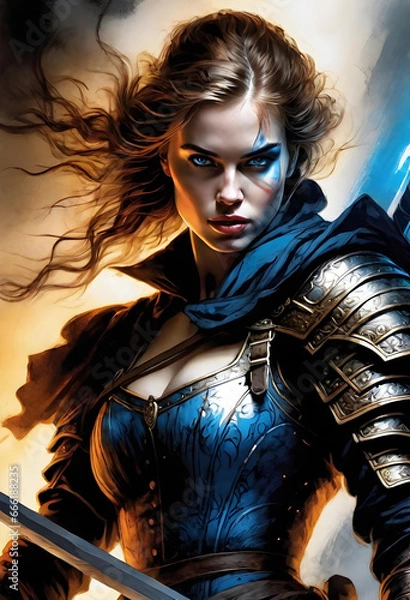 Fototapeta portrait of a warrior girl with light blue eyes in action. sword fight. . fantasy art. generative ai


